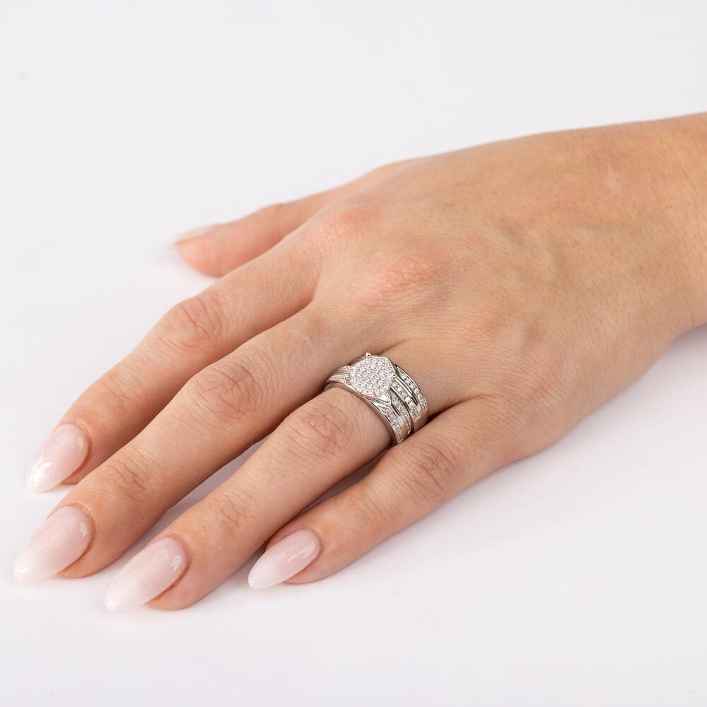925 STERLING SILVER ROUND PAVE CENTER RING & BAND SIMULATED FLAWLESS DIAMONDS
