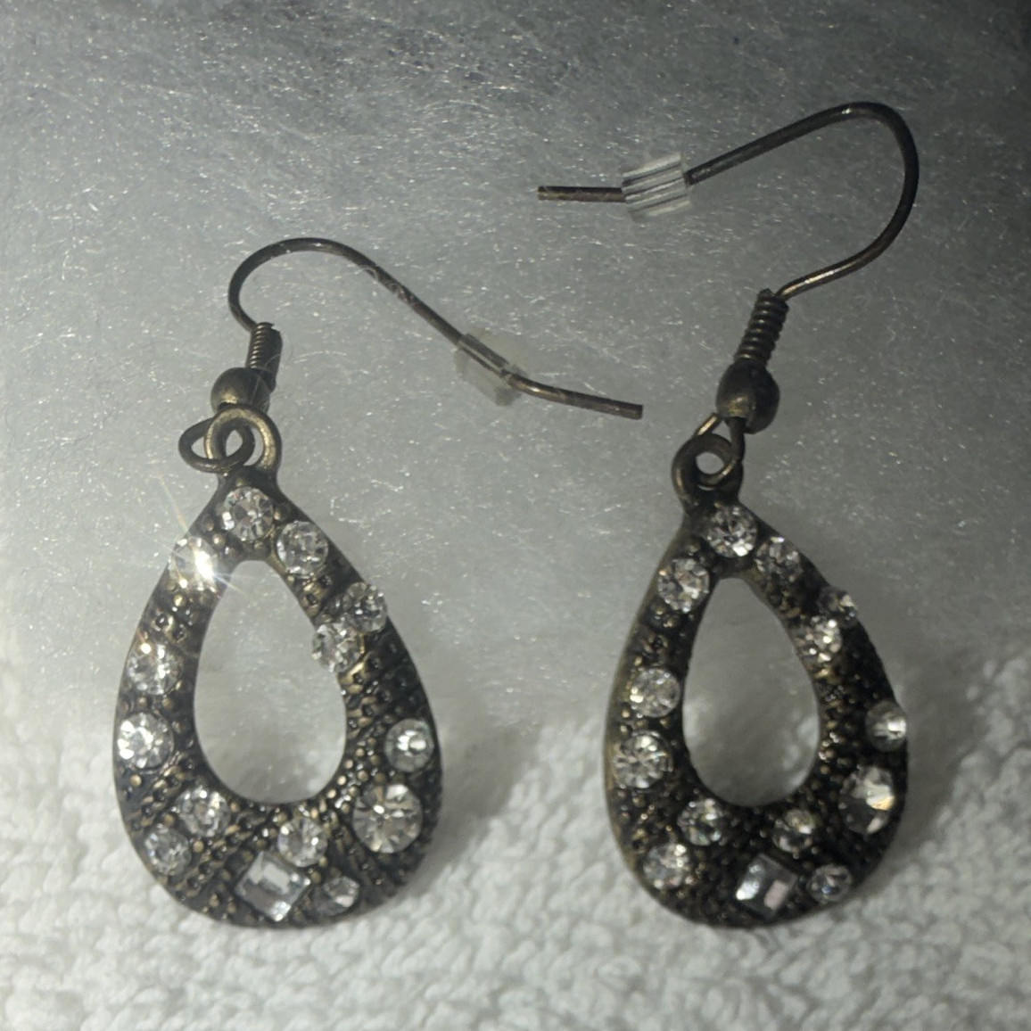 Black Teardrop Dangle/Drop Hook Earrings Silver Tone Clear Simulated Crystal