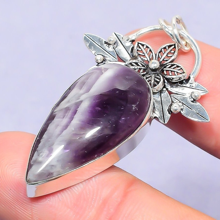 Chevron Amethyst Jewelry Silver Gift For Bridesmaid Natural Pendant 1.93″