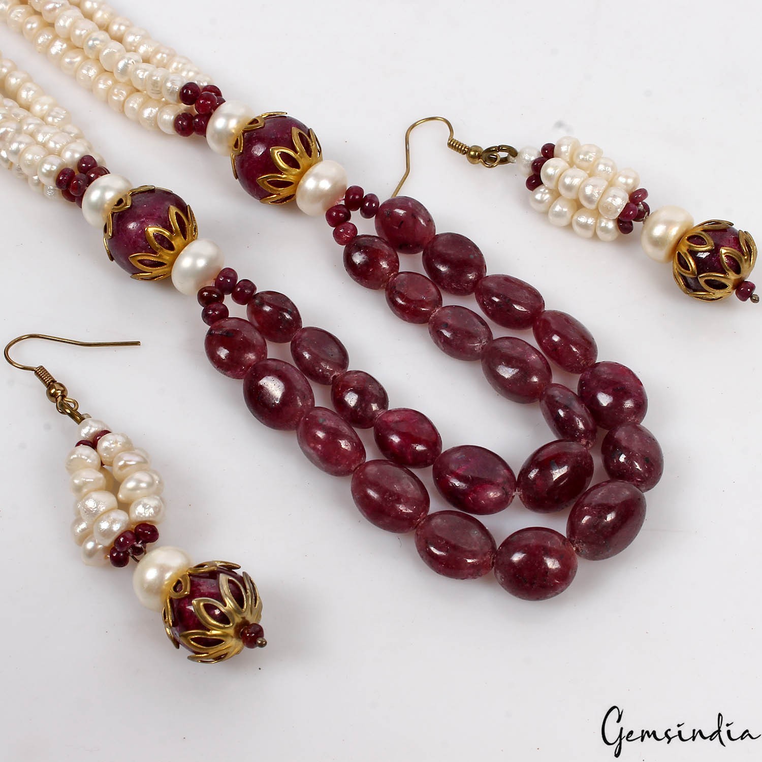 Handmade Natural Ruby Pearl Round Cabochon Gemstone Beaded Necklace Earrings~22″