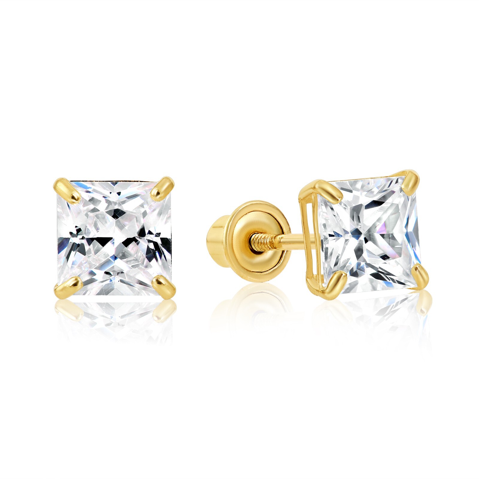 14K Solid Yellow Gold Princess-Cut CZ Sleeper Studs Earrings Screw-back 3mm-8mm