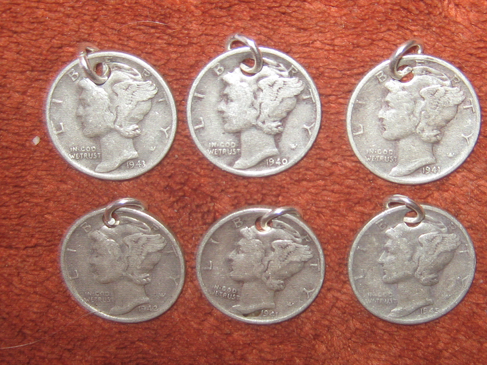 Wholesale Lot Six Vintage Mercury Dime Lady Liberty Coin Silver Pendant Charms