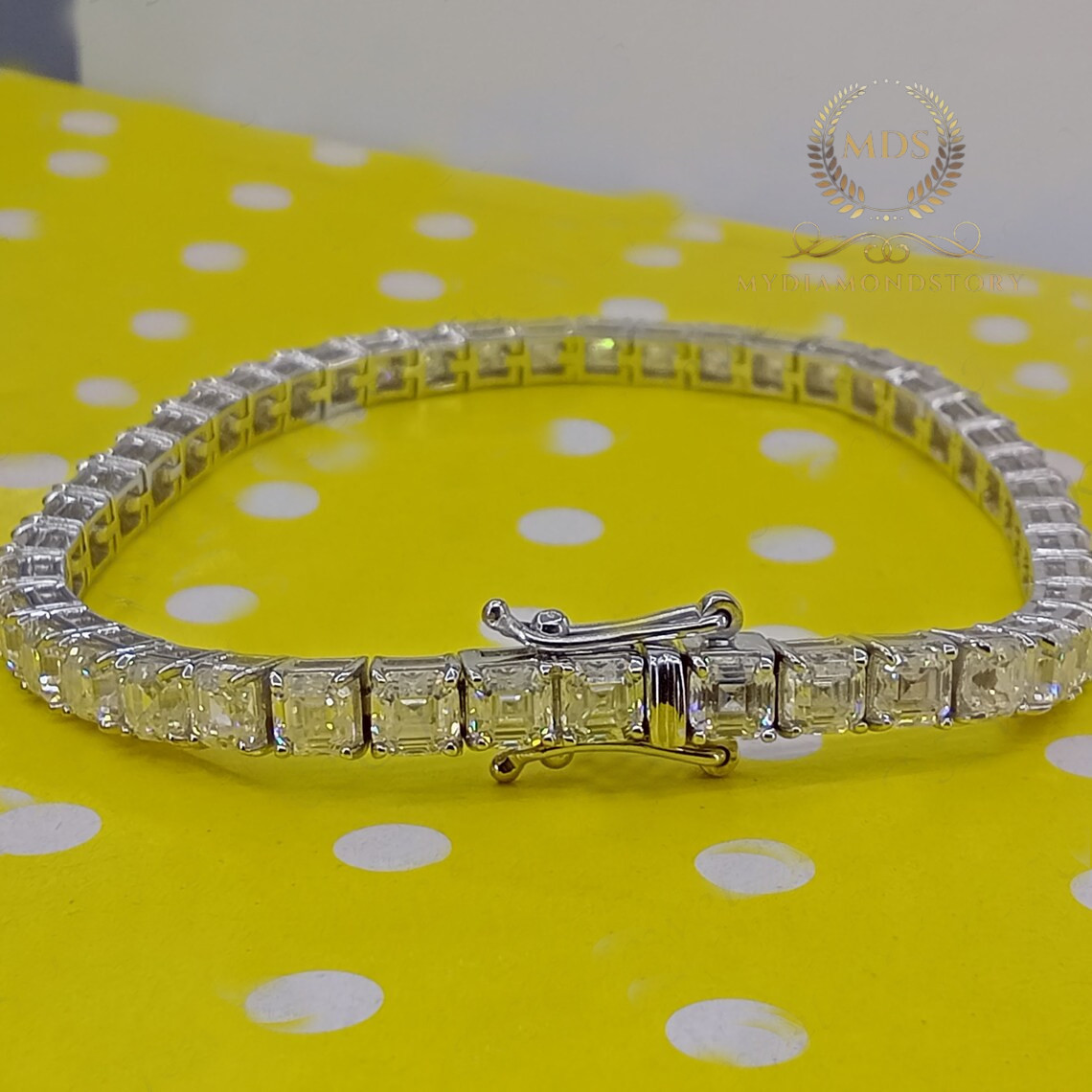 CUSTOM/10K YELLOW GOLD 7′ Inch Long Tennis Bracelet 7 CT Asscher Cut VVS1