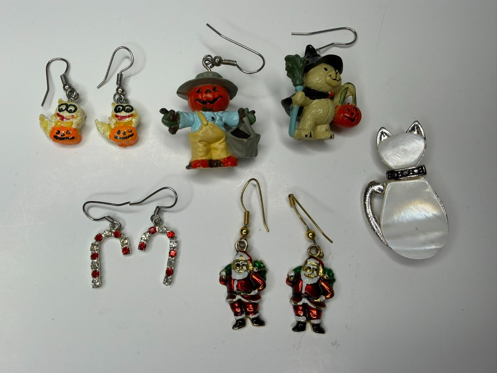 Cute Halloween AND Christmas Dangle Earrings with Pumpkin & Santa Plus Cat Pin