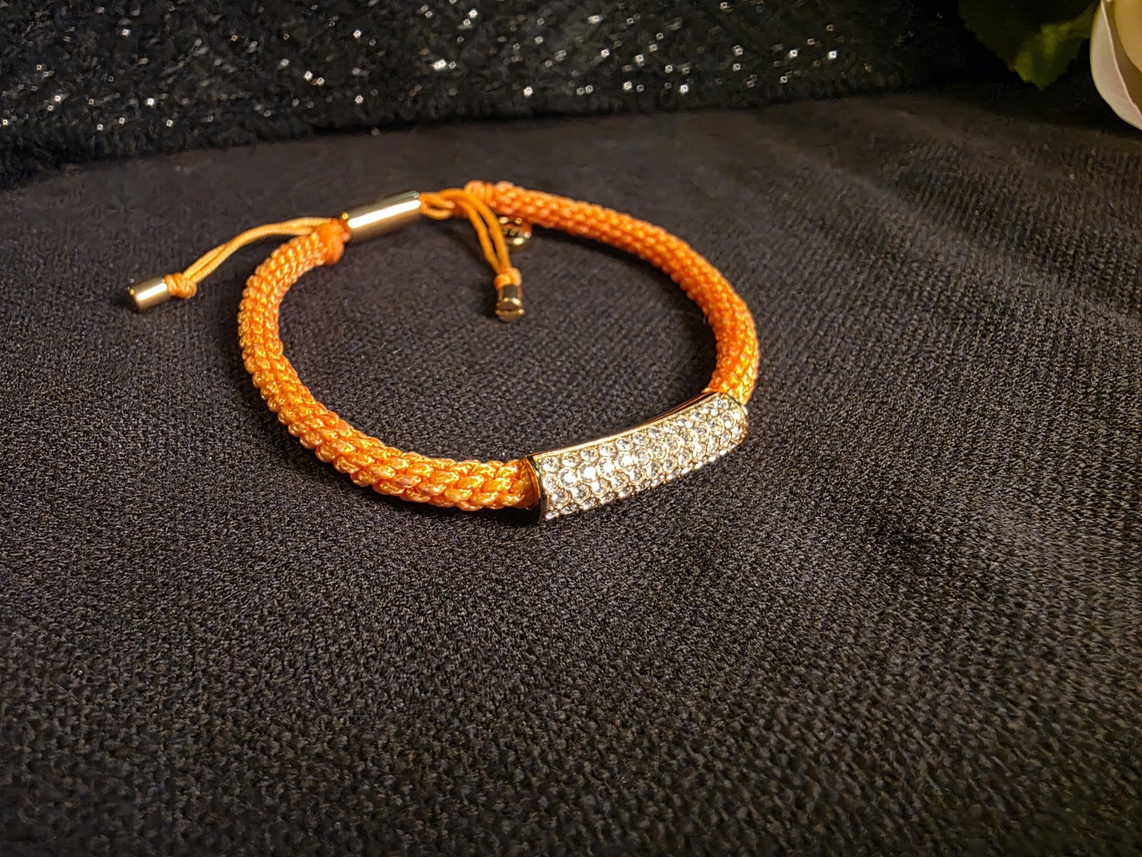 Michael Kors Orange Braided Cord Pavé Crystal Bar Adjustable Bracelet