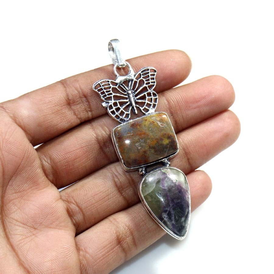 925 Silver Plated Long Bloodstone Fluorite Pendant Handmade Gemstone 3″ JW