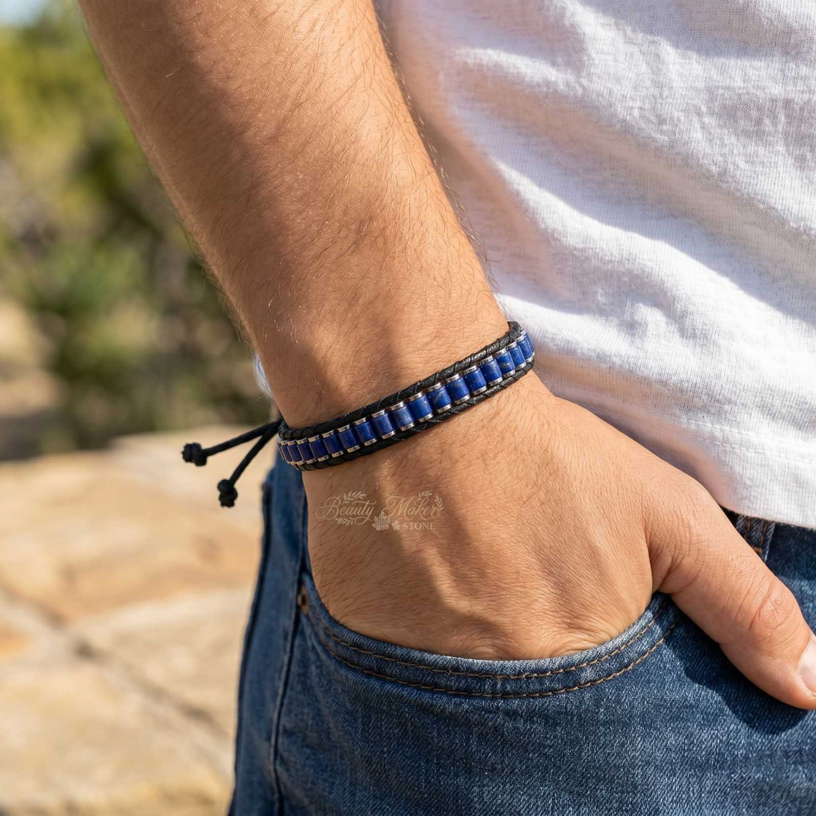 Lapis Lazuli Leather Bracelet Mens Genuine Stone Vintage Jewelry Wisdom Gift