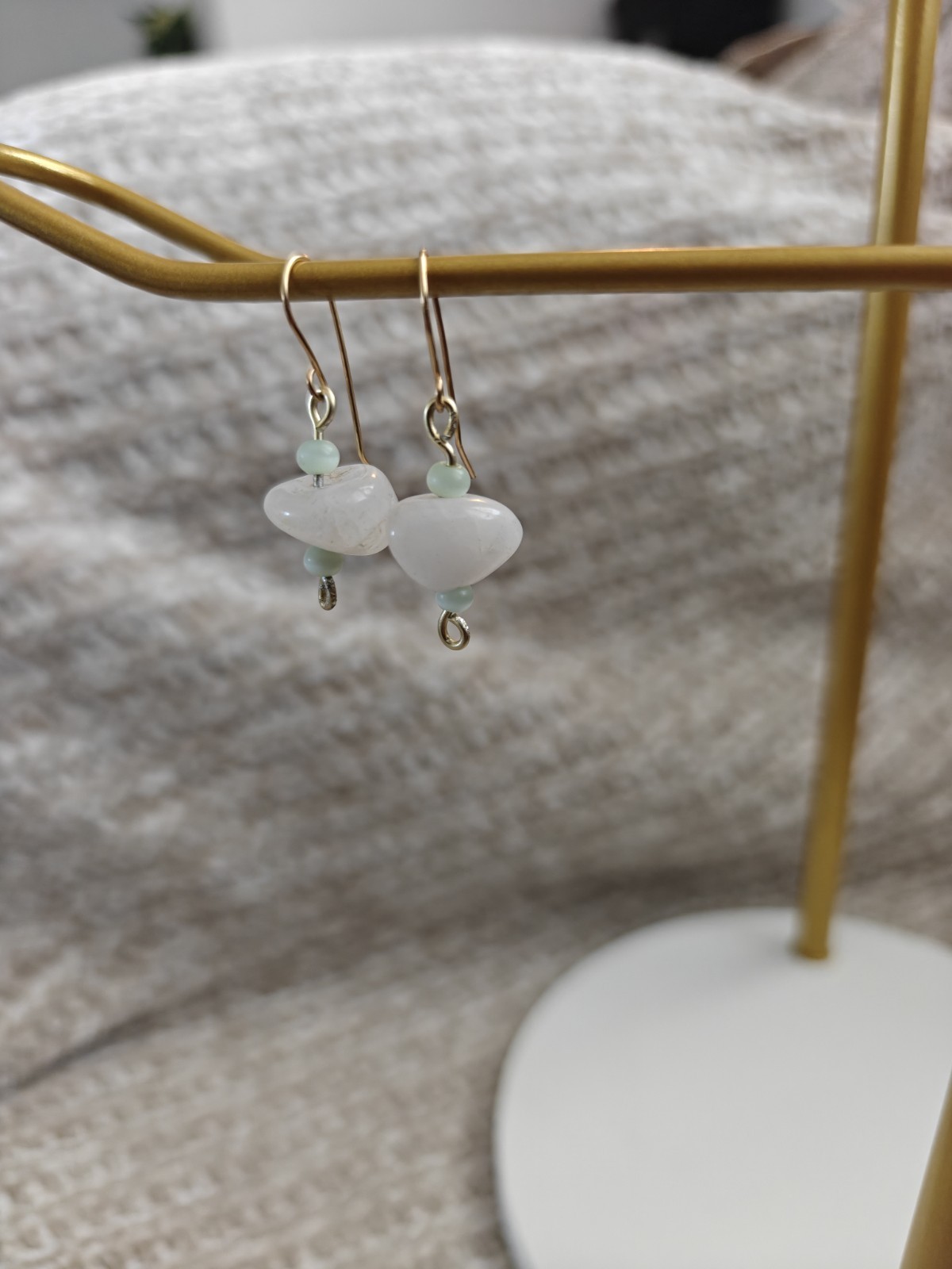 White Natural Stone Beaded Dangle Drop Hook Earrings- Handmade.