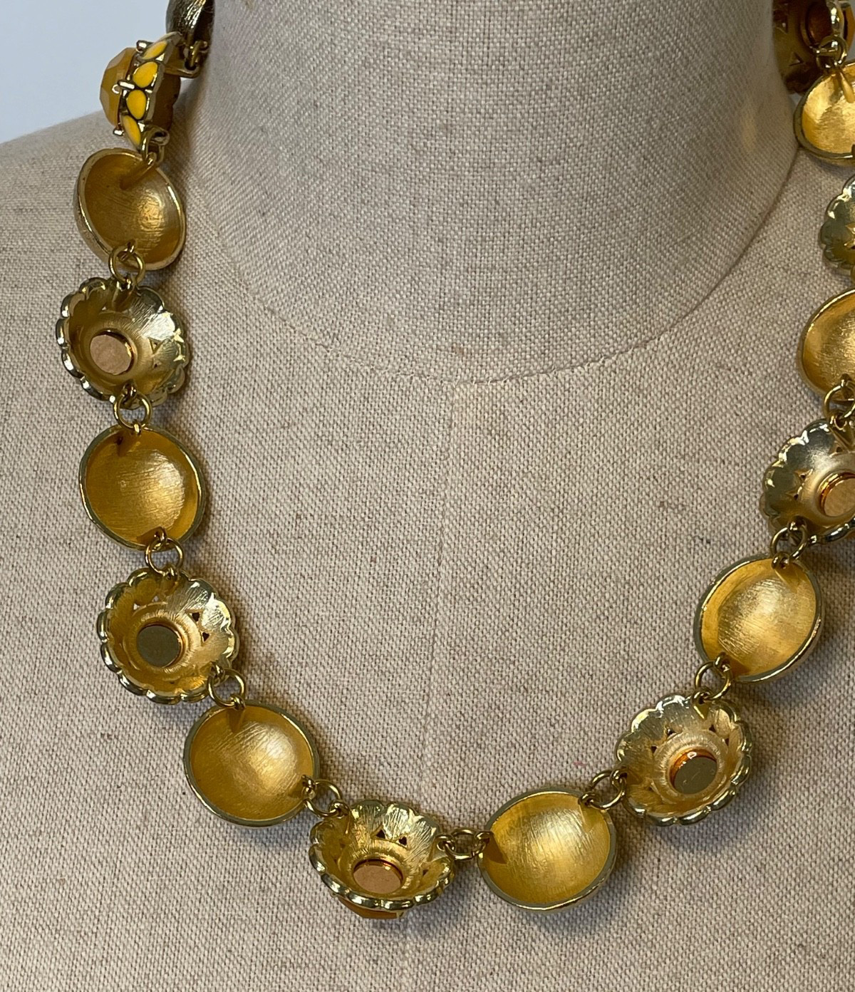 Sunflower Yellow Enamel & Bead Gold Tone Brushed Round Dome Choker Necklace