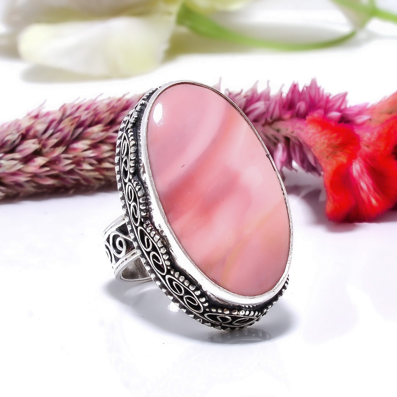 Pink Opal – Peru Fine Art Oxidised 925 Sterling Silver Ring S.6 R115331