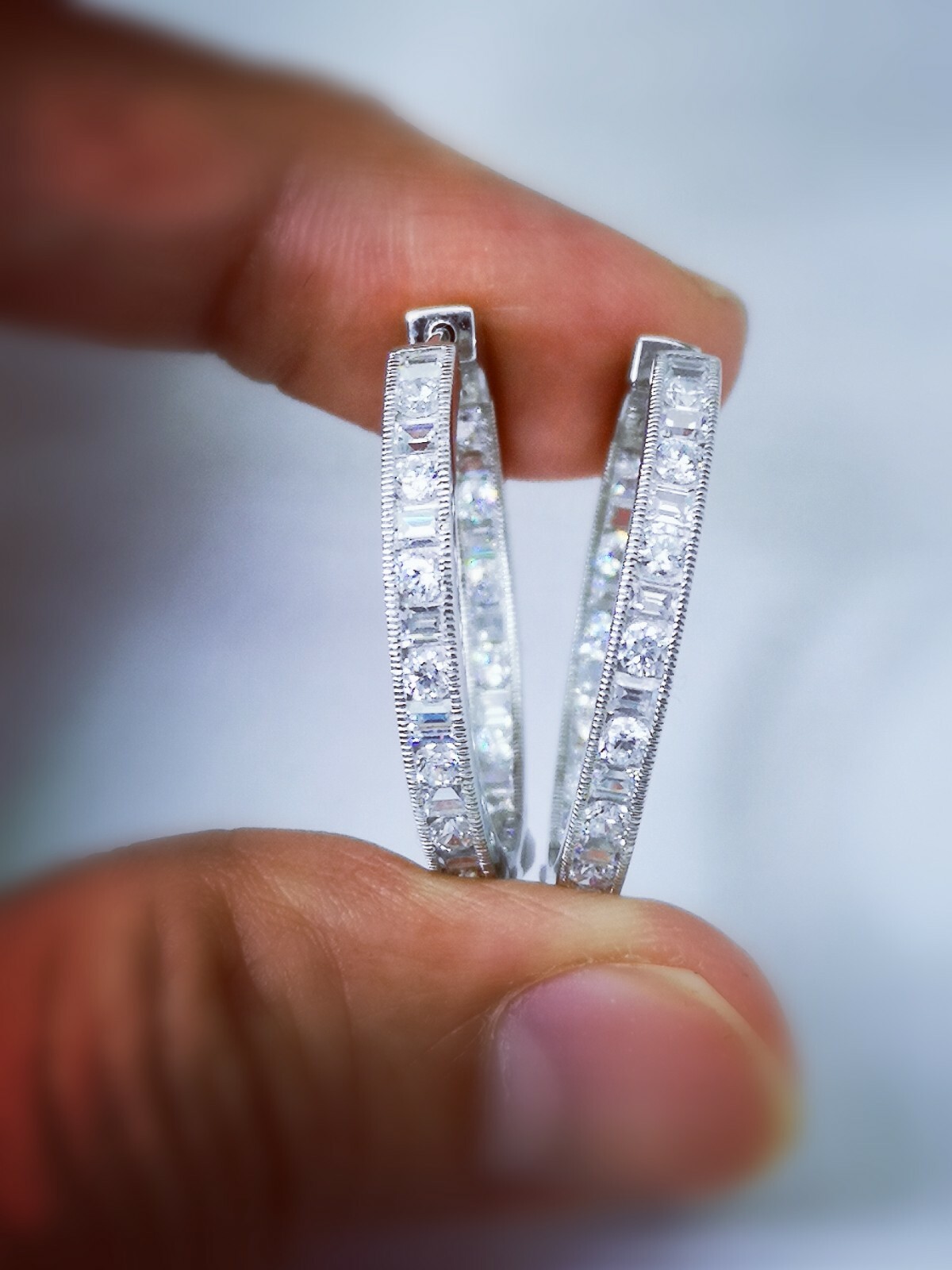 3 Ct Hoop Earrings Simulated Diamond 14K White Gold plated Silver Secure Lock
