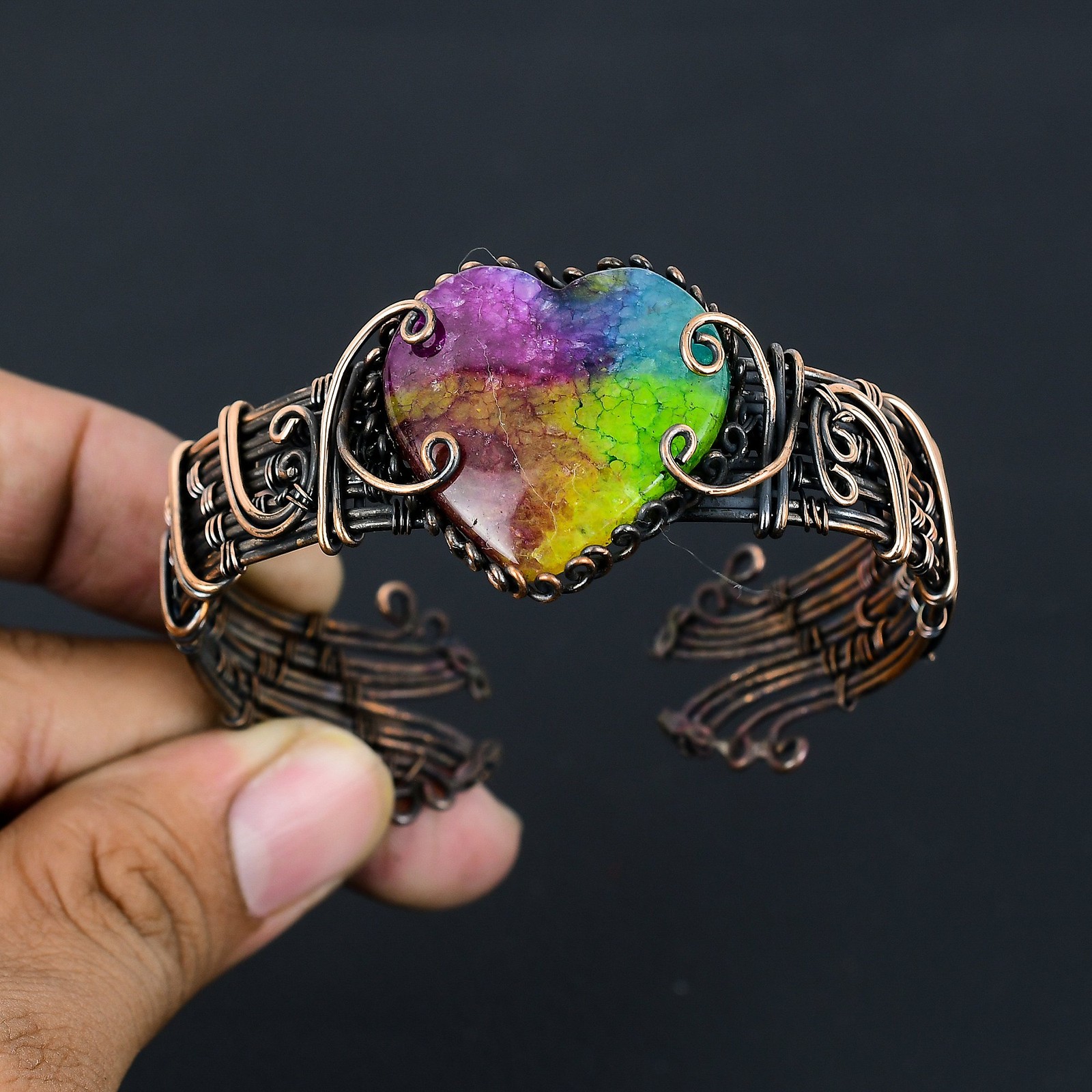 Rainbow Solar Quartz Gemstone Copper Wire Wrap Bangle Adjustable Gift for Her t0