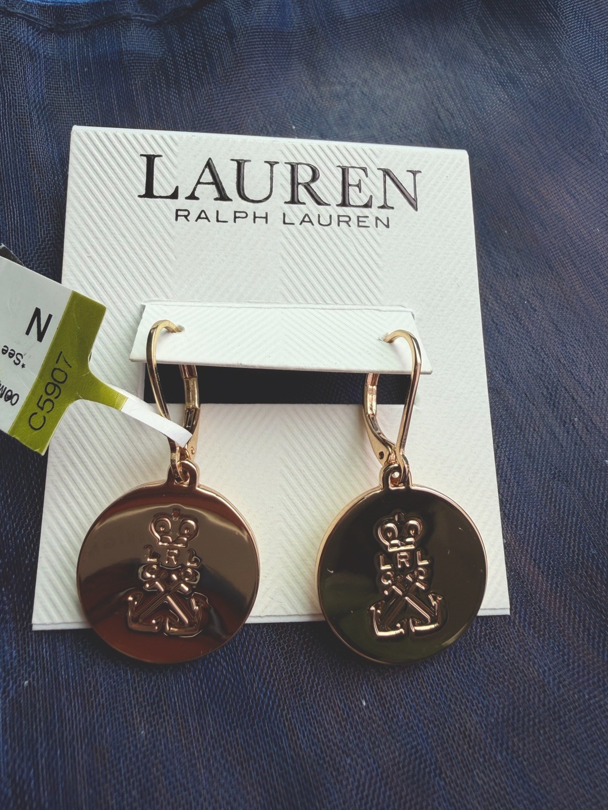 Lauren Ralph Lauren Women’s Drop Earrings Crest Logo Gold Tone New