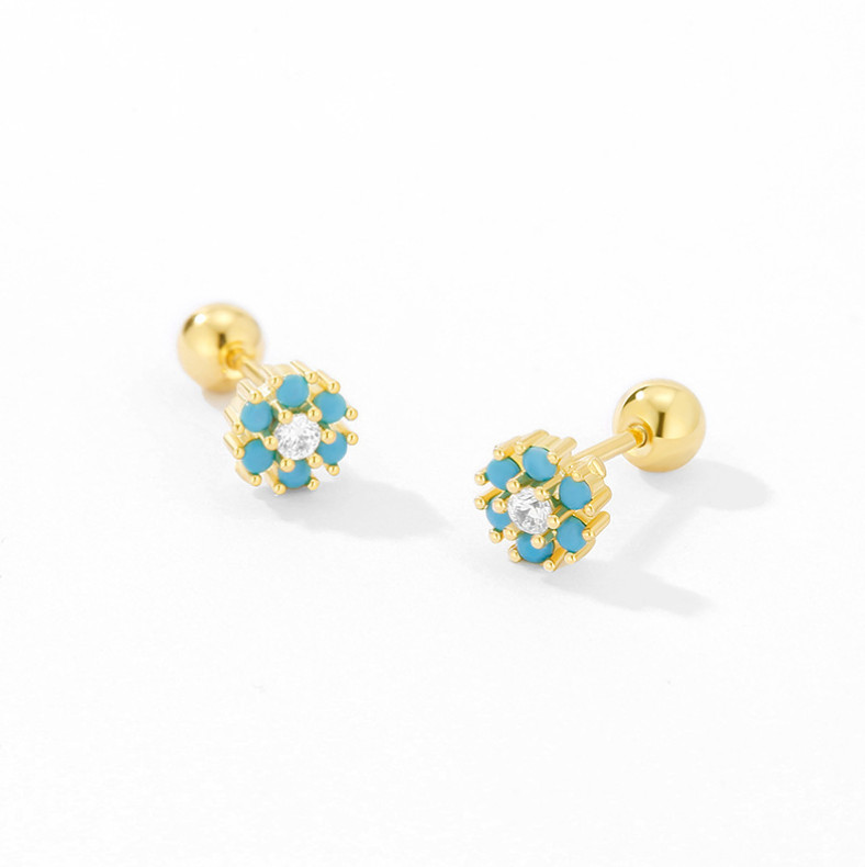 925 Sterling Silver Tiny Flower Turquoise CZ Screw Back Stud Earrings 5mm K36A