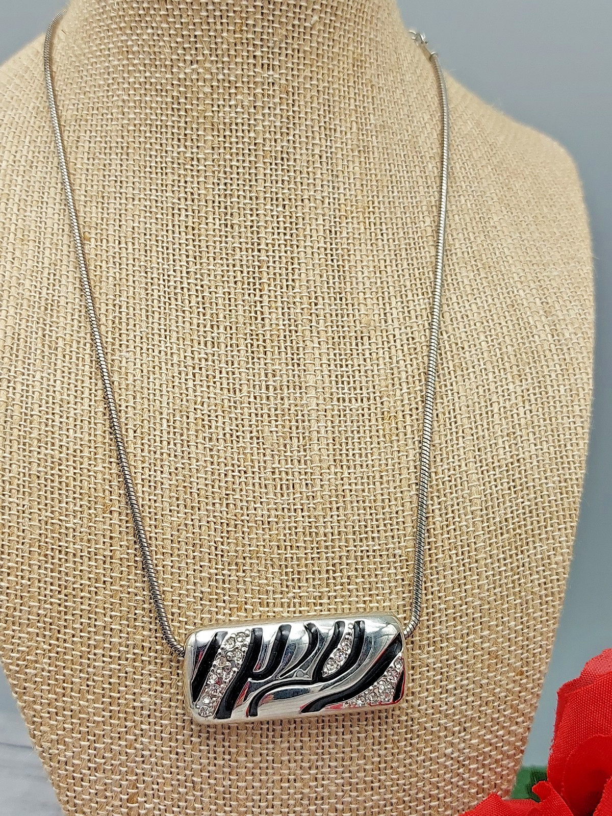 lea sophia Silver Tone Necklace Floating Bar Pendant Crystal Rhinestones 19′