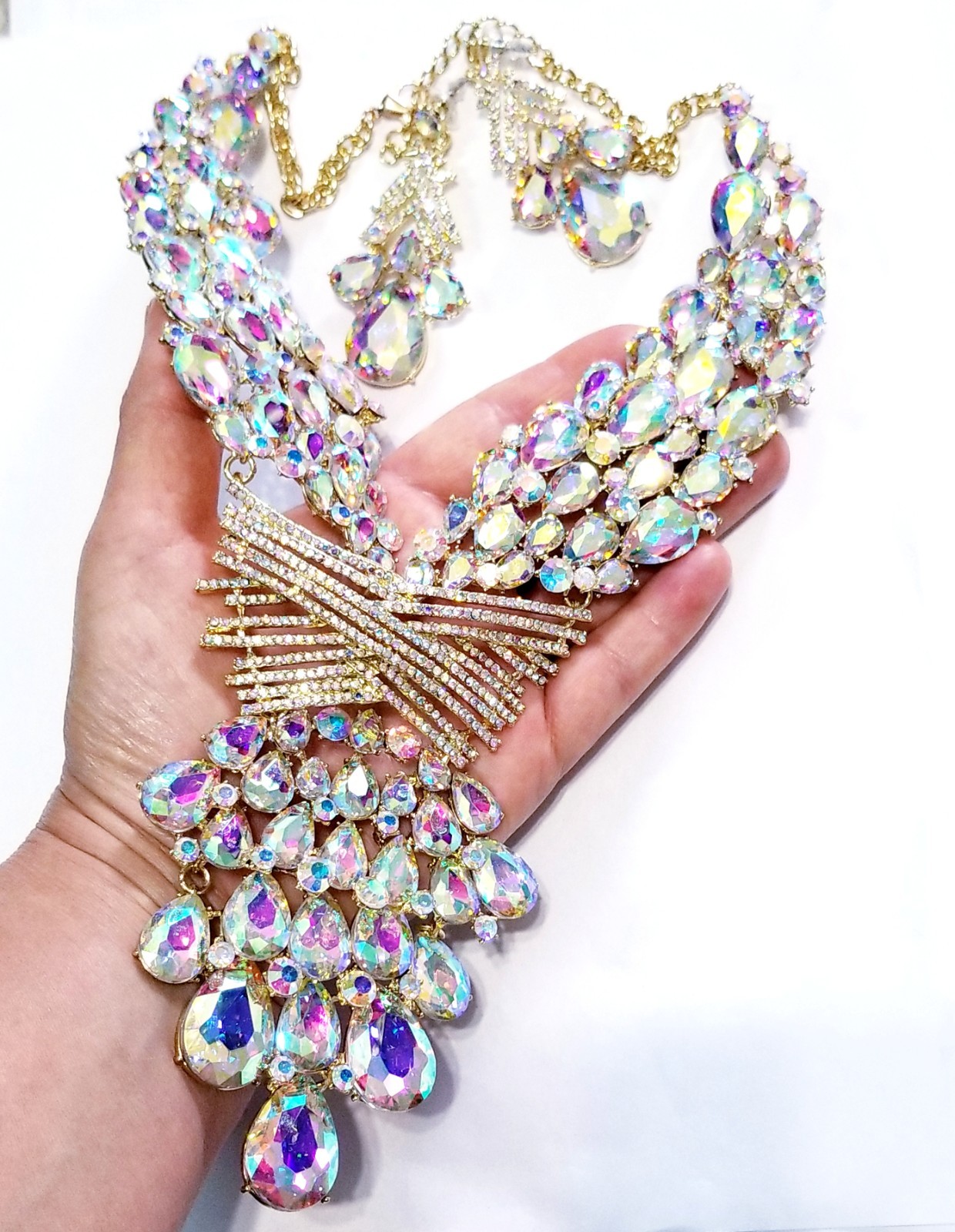 AB Iridescent X Large Necklace Choker Earring Set Rhinestone Crystal Drag