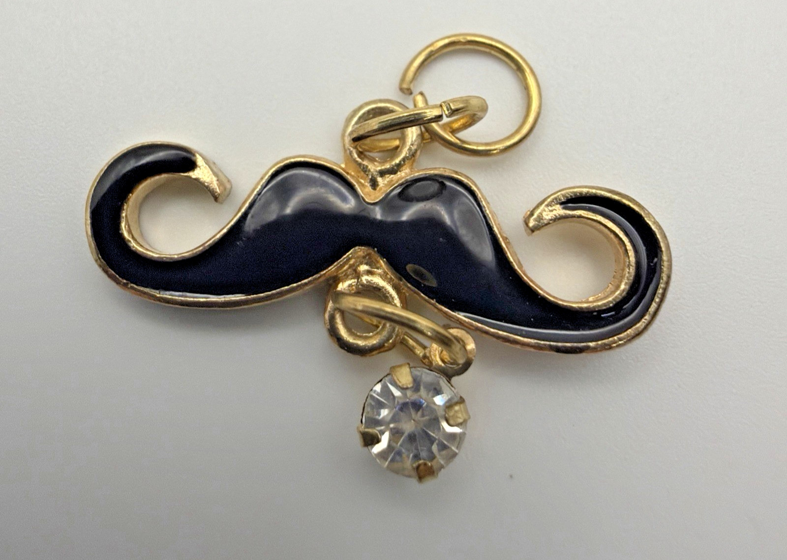 Black Enamel Mustache Pendant Charm Gold Tone with Clear Crystal Accent