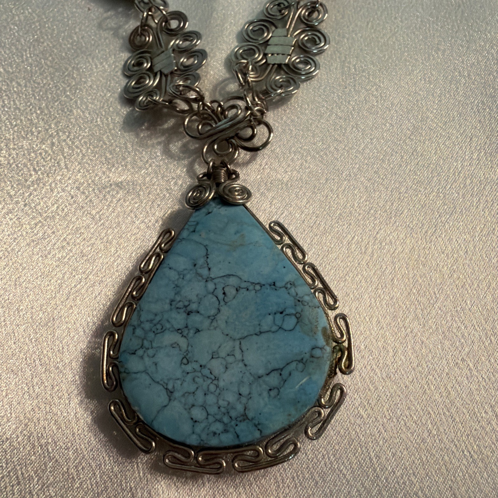 Turquoise Colored Pendant, Retro Necklace 18 Inches Long