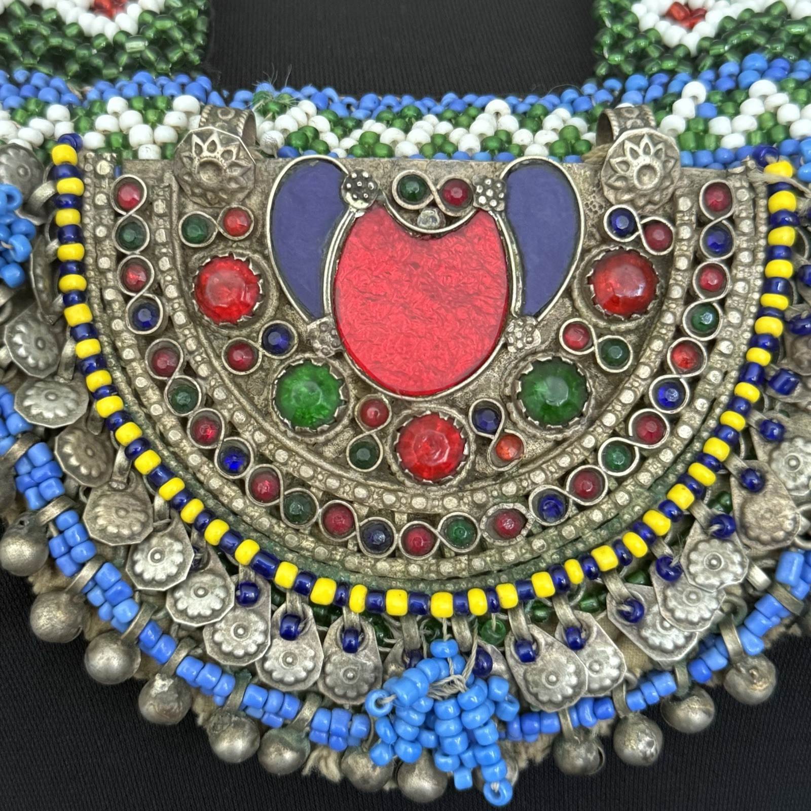 Handcrafted Multicolor Beaded Statement Necklace Glass/Metal Crescent Pendant