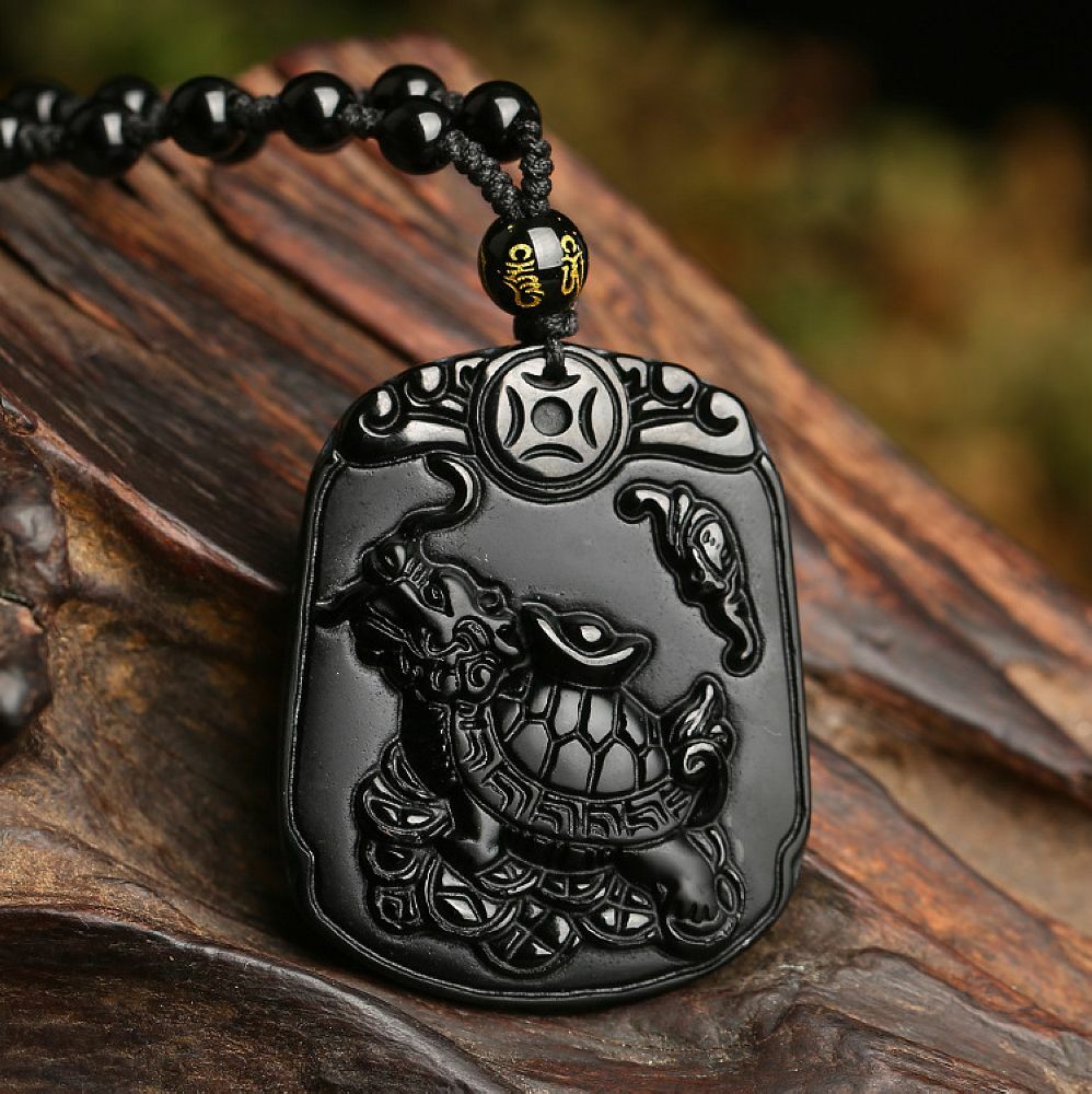 Natural Black Obsidian crystal dragon turtle Necklace pendant bead with chain