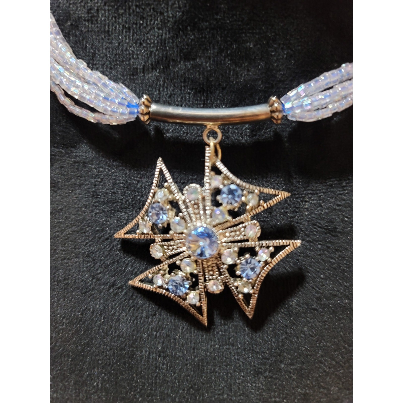 Women’s Multi Strand Beaded Choker Necklace With Blue Pendant Lobster Clasp