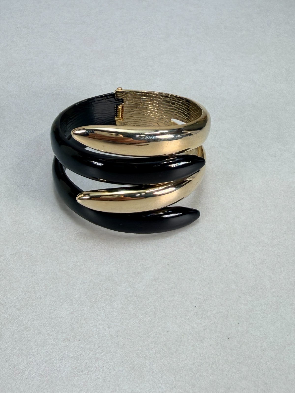 Bold Black Gold Tone Hinged Clamp Bracelet Modern Statement Cuff