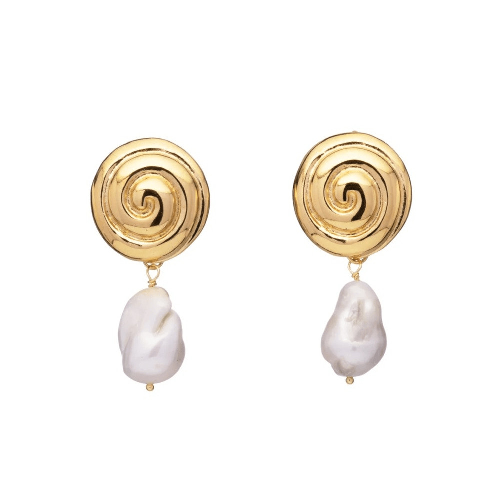 Gold Spiral Drop Earrings with White Natural Pearls – by Mayamar