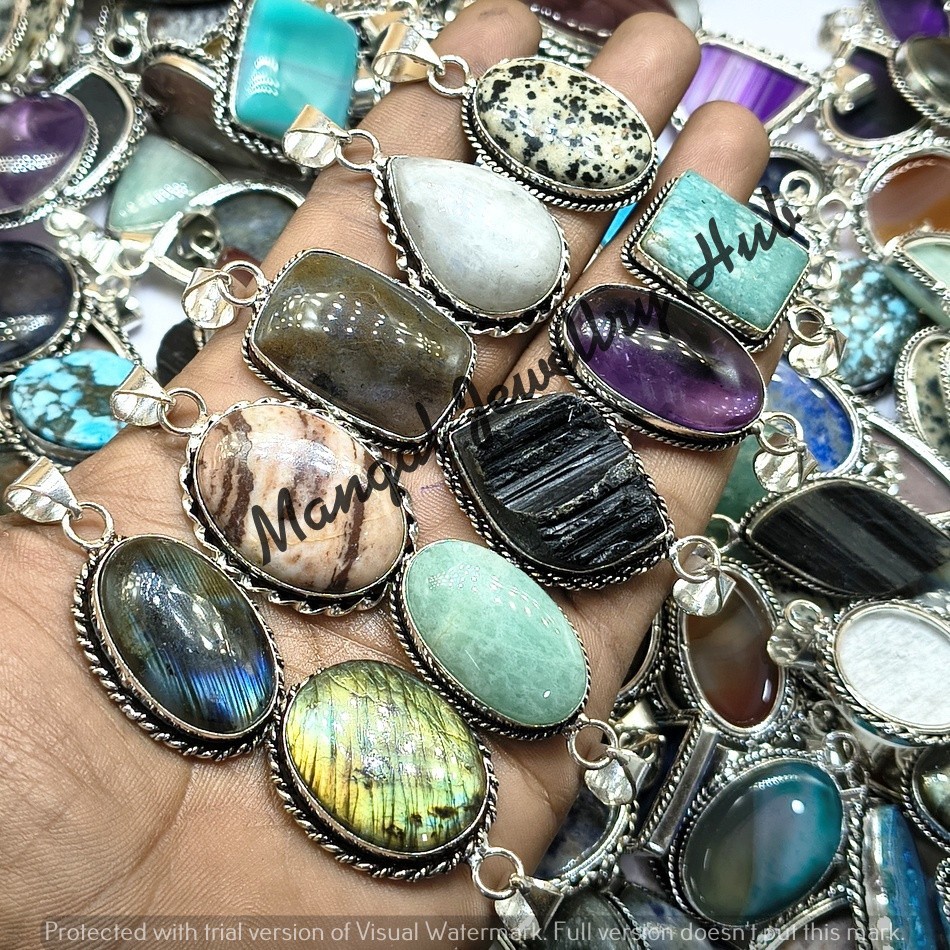 Amazonite & Mix Gemstone Pendants 75PC Lot 925 Sterling Silver Plated Jewellery