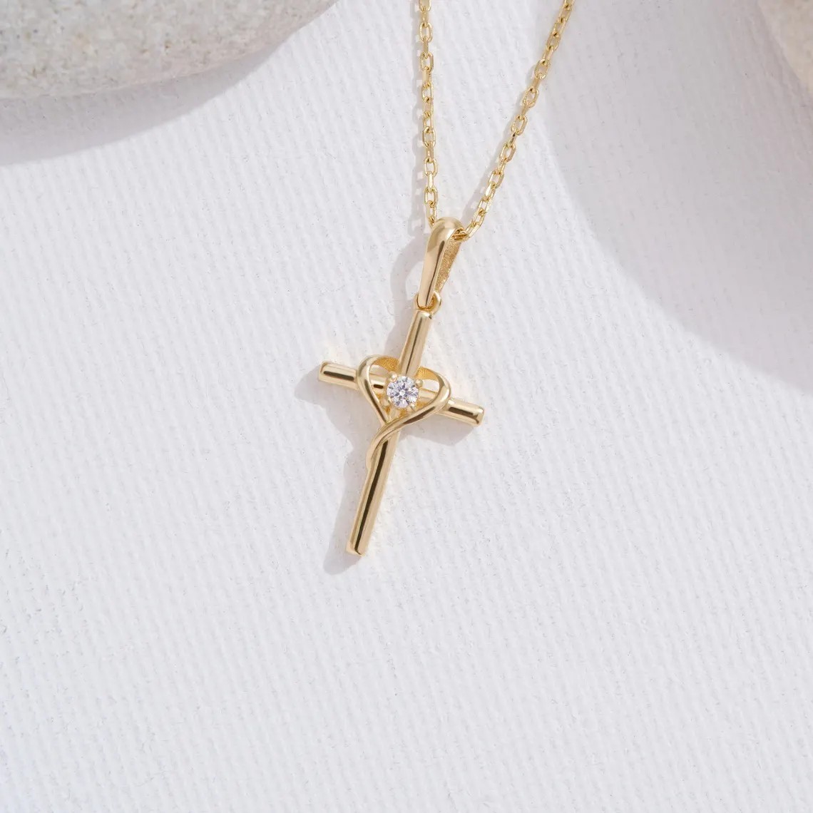 Gold Faith Cross Heart Necklace Crystal Pendant Inspirational Christian Jewelry