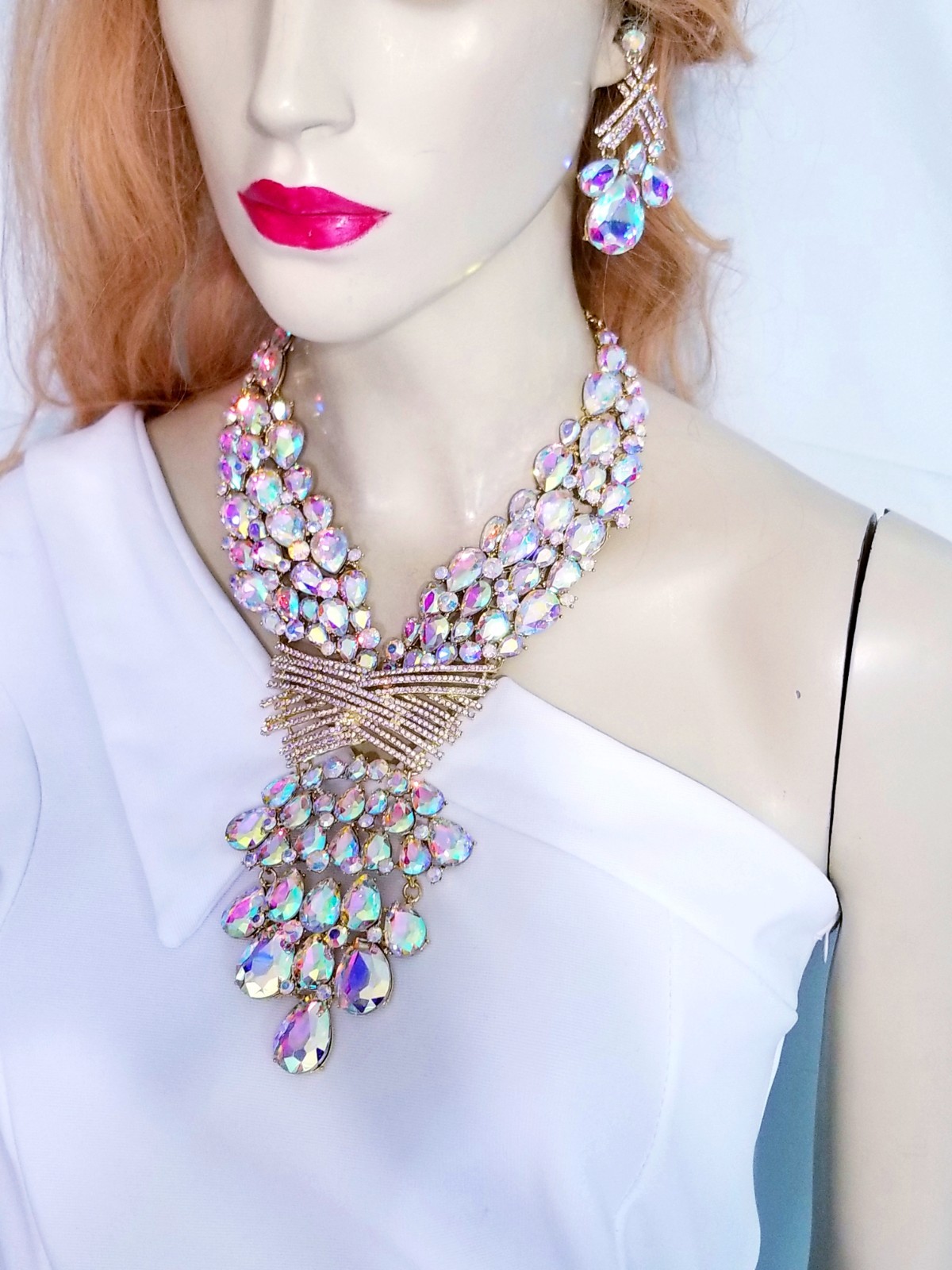 AB Iridescent X Large Necklace Choker Earring Set Rhinestone Crystal Drag