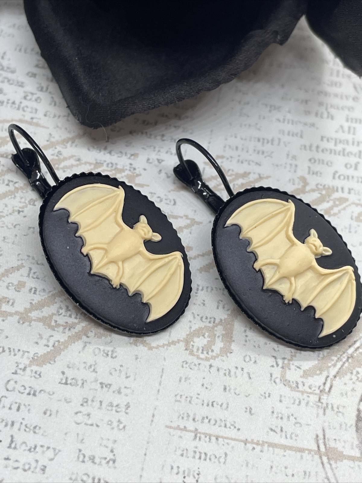 Bat Wings Witch NEW Black Setting Enamel Gothic Earrings Cameo Birthday Festival