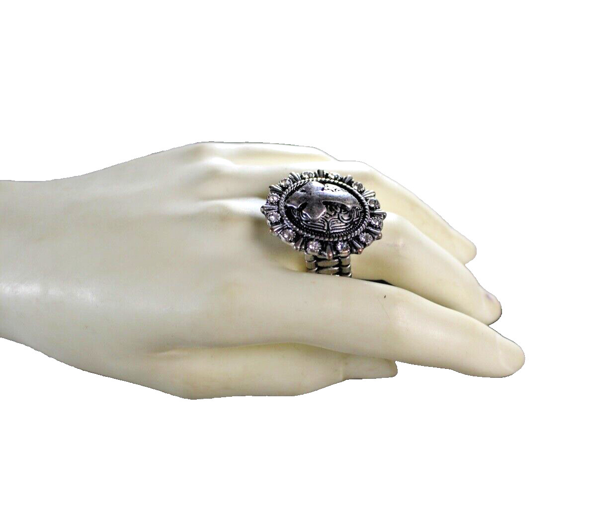 Western Womens Ring 1.25 in Cross Stretch Round Crystal Silver Cowgirl Rodeo