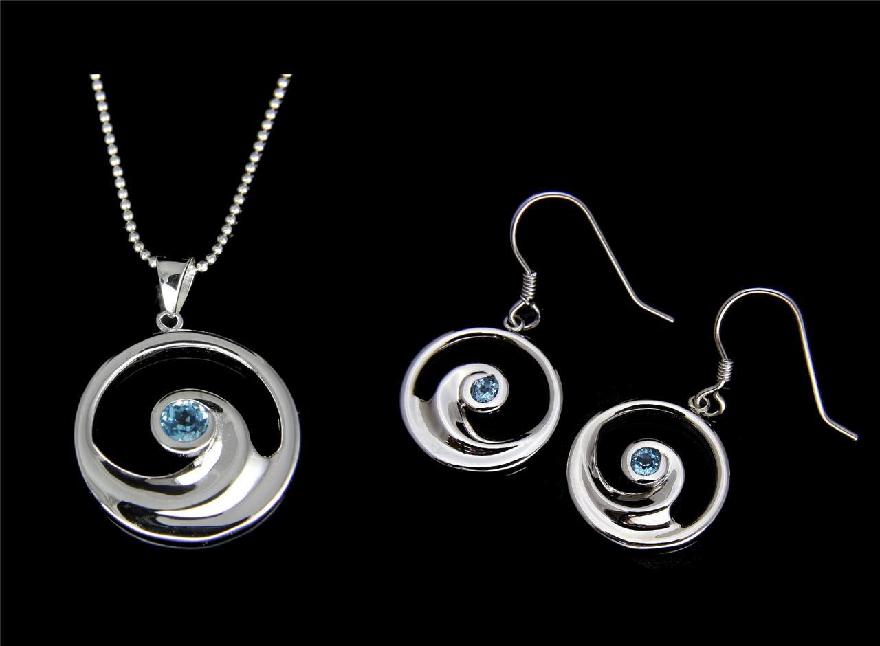 GENUINE BLUE TOPAZ SILVER 925 HAWAIIAN OCEAN WAVE PENDANT EARRINGS SET