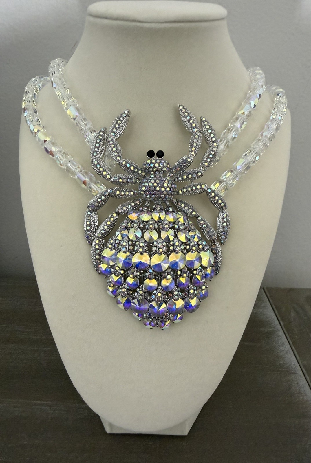 Eye Candy Iridescent Crystal Spider Statement Necklace Double Strand Beaded