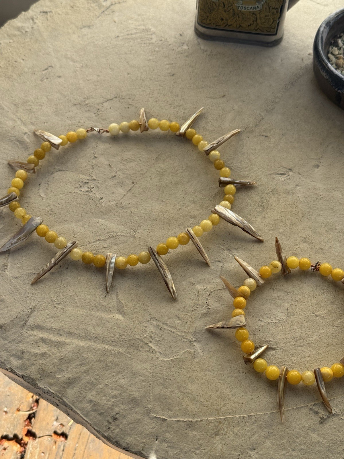 Handmade Yellow Jade Stone Beaded Shell Stone Spike Necklace w/ matching Anklet