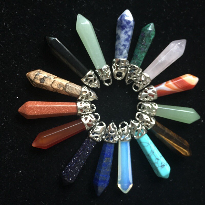 10pc Mixed Stone Natural Gemstones Long Hexagonal Pointed Reiki Chakra Pendant