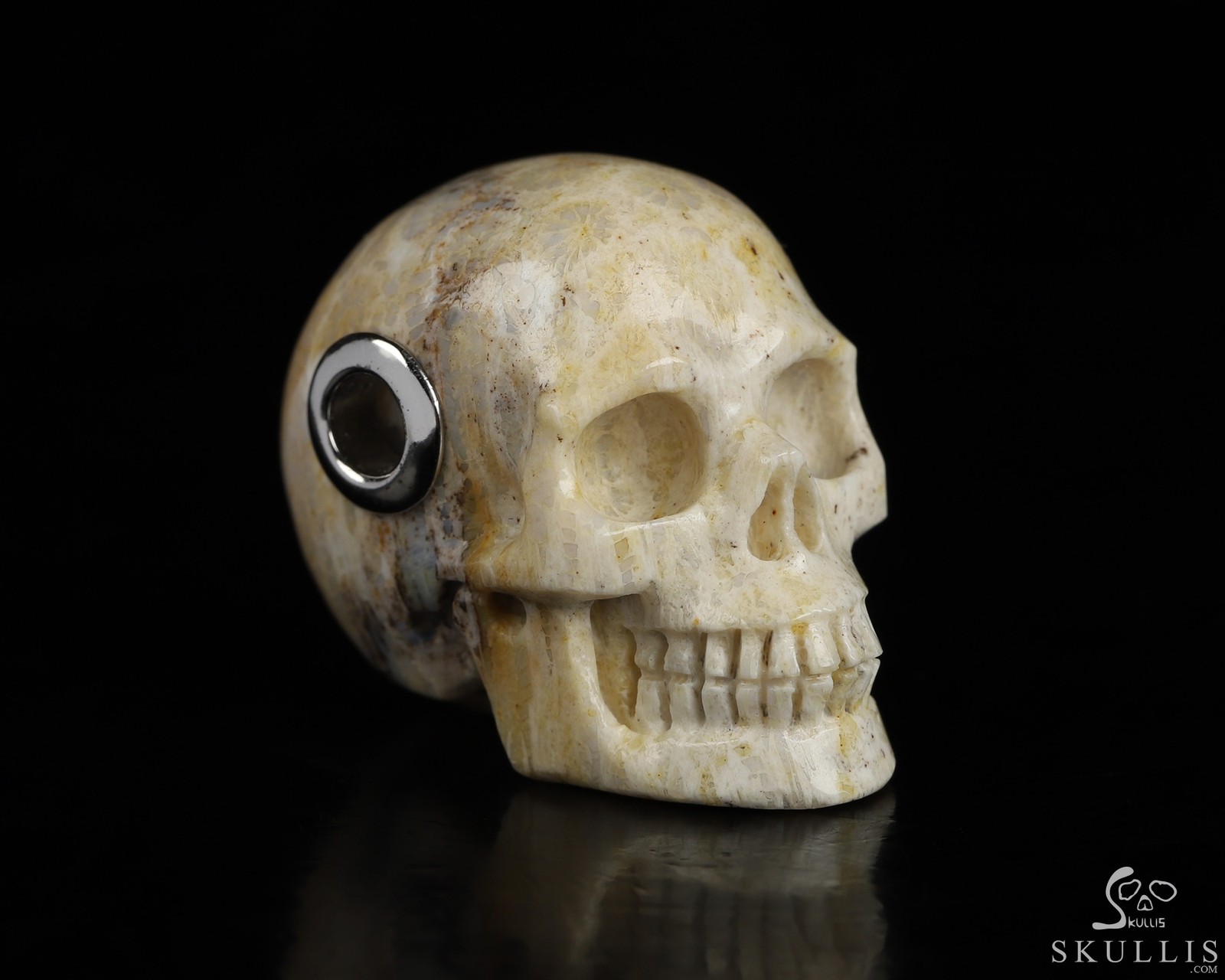 Necklace of 1.1″ Coral Fossil Hand Carved Crystal Skull Pendant, Skull Jewelry