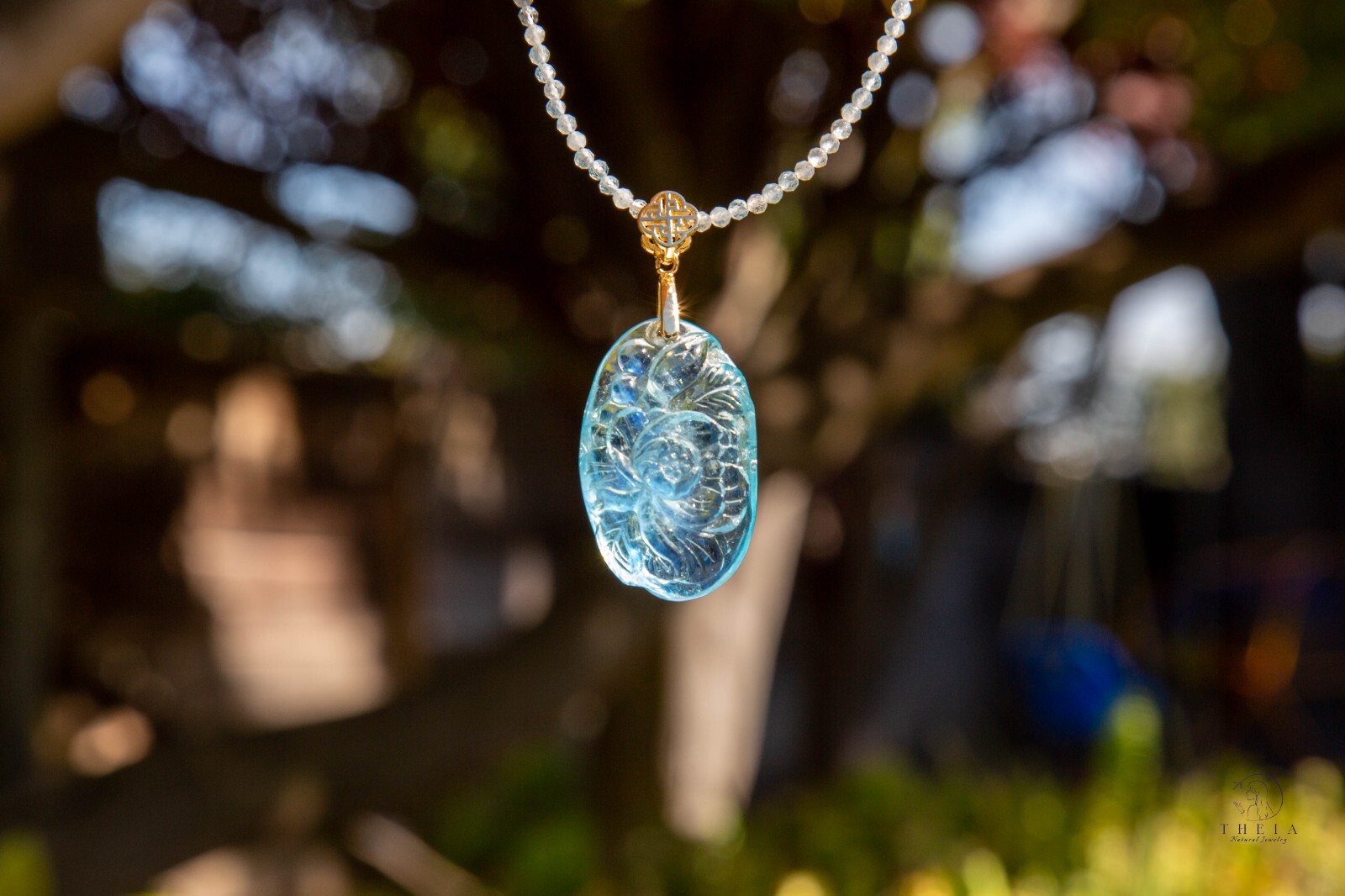 Dark Blue Flower Aquamarine Pendant in Aquamarine Faceted Beaded Necklace