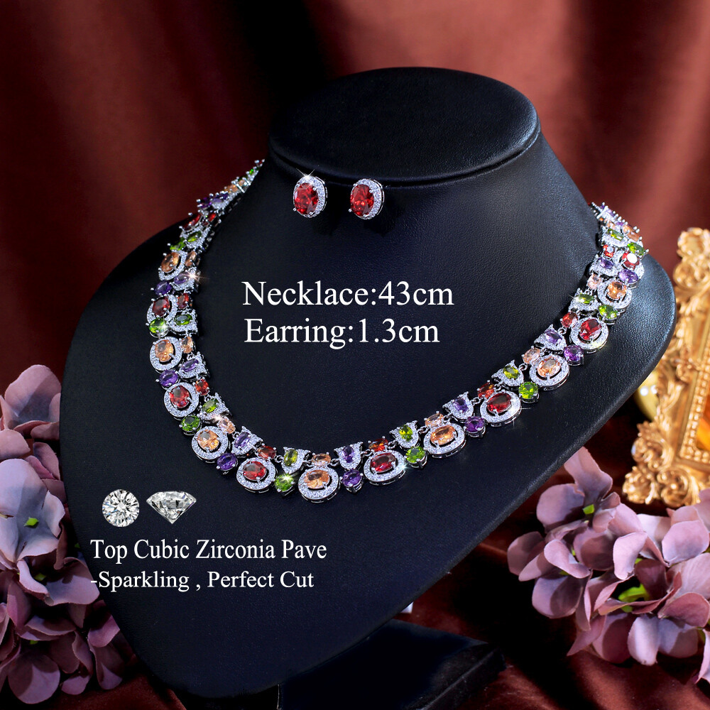 Multicolor Oval Geometric Necklace Earrings Silver Plated CZ Bridal Jewelry Set