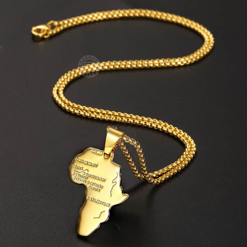 Gold Plated Stainless Steel Africa Continent Map Pendant Necklace Box Link Chain