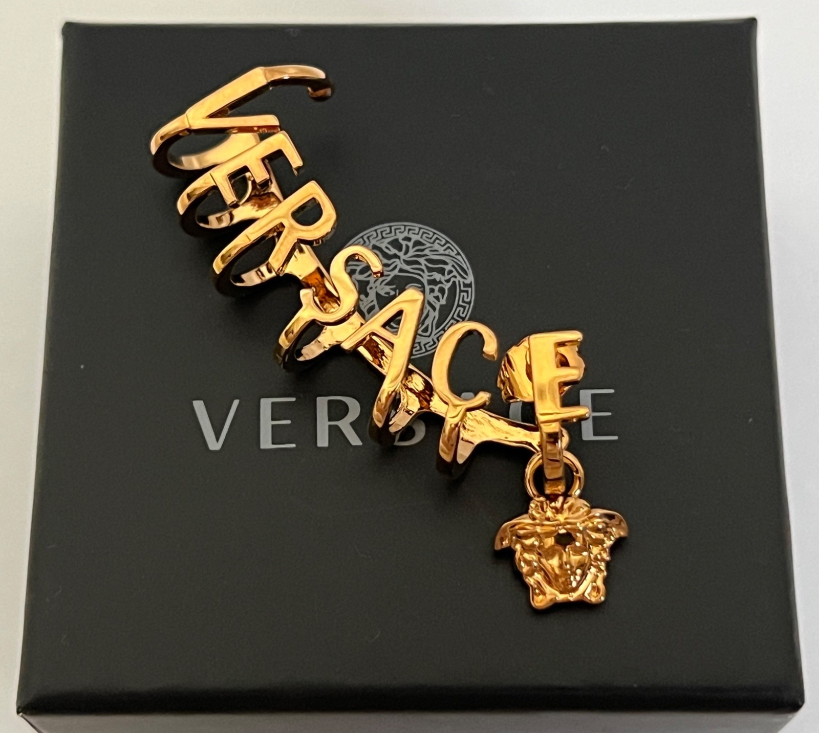 NIB Versace Letter Logo Medusa Charm Gold Climbing Single Ear Cuff Earring $750