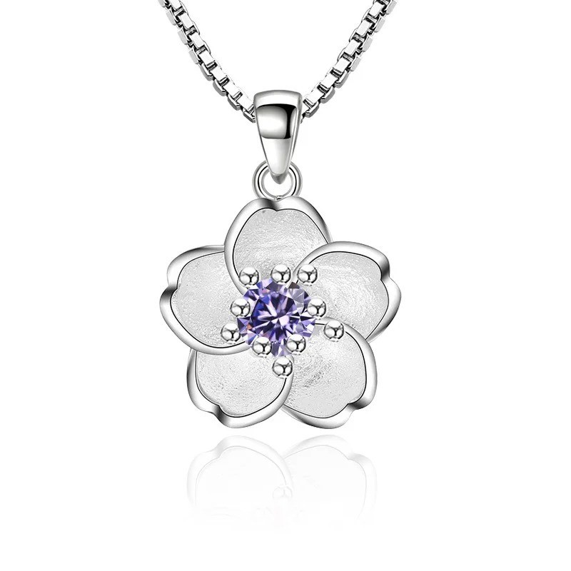 Sterling Silver Pink Purple Peach Blossom Necklace Luxury Designer Jewelry Gift