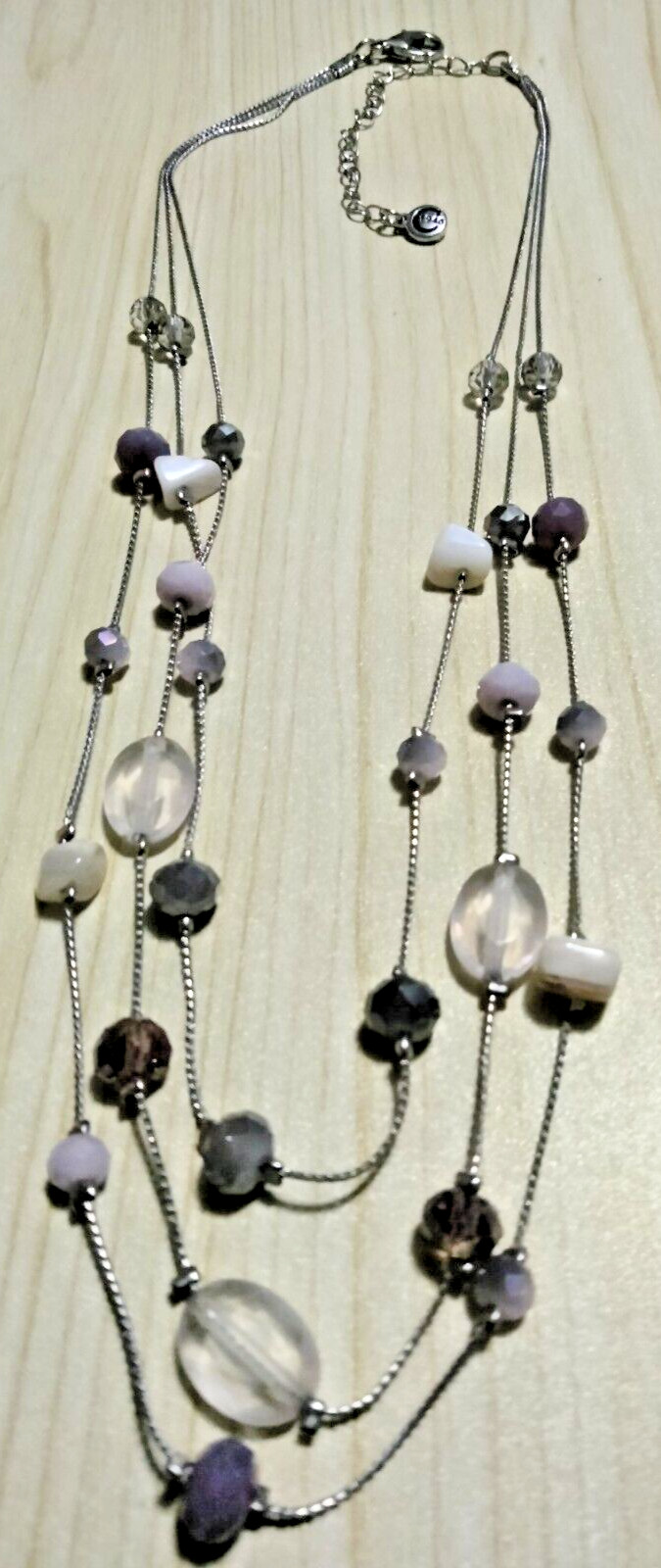 C1946 signed 3 layer beaded necklace with lavender and Heather colored stones