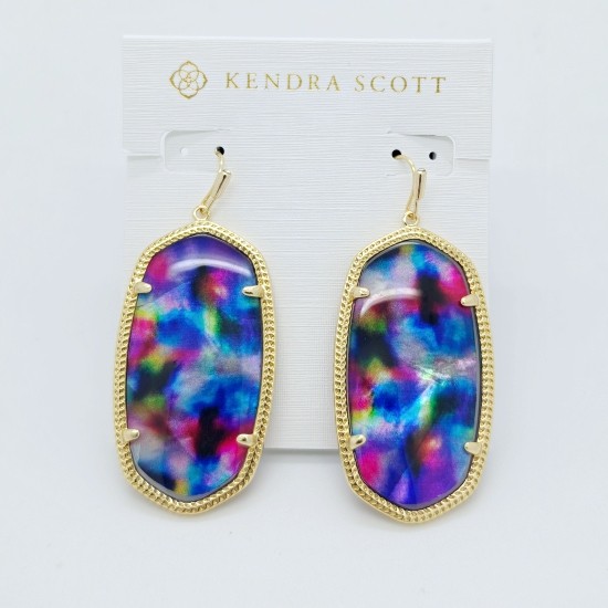 New Kendra Scott Gold Danielle Statement Earrings In Teal Tie Dye Illusion