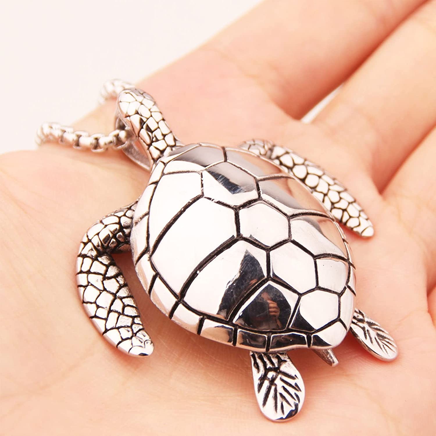 Large Sea Turtle Pendant Necklace Stainless Steel Big Jewelry Men, Womans, Beach