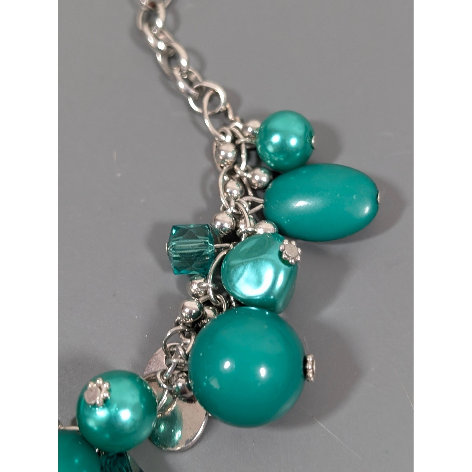 Green Beaded Statement Necklace Silver Tone Faux Pearl Cluster Charm 20″