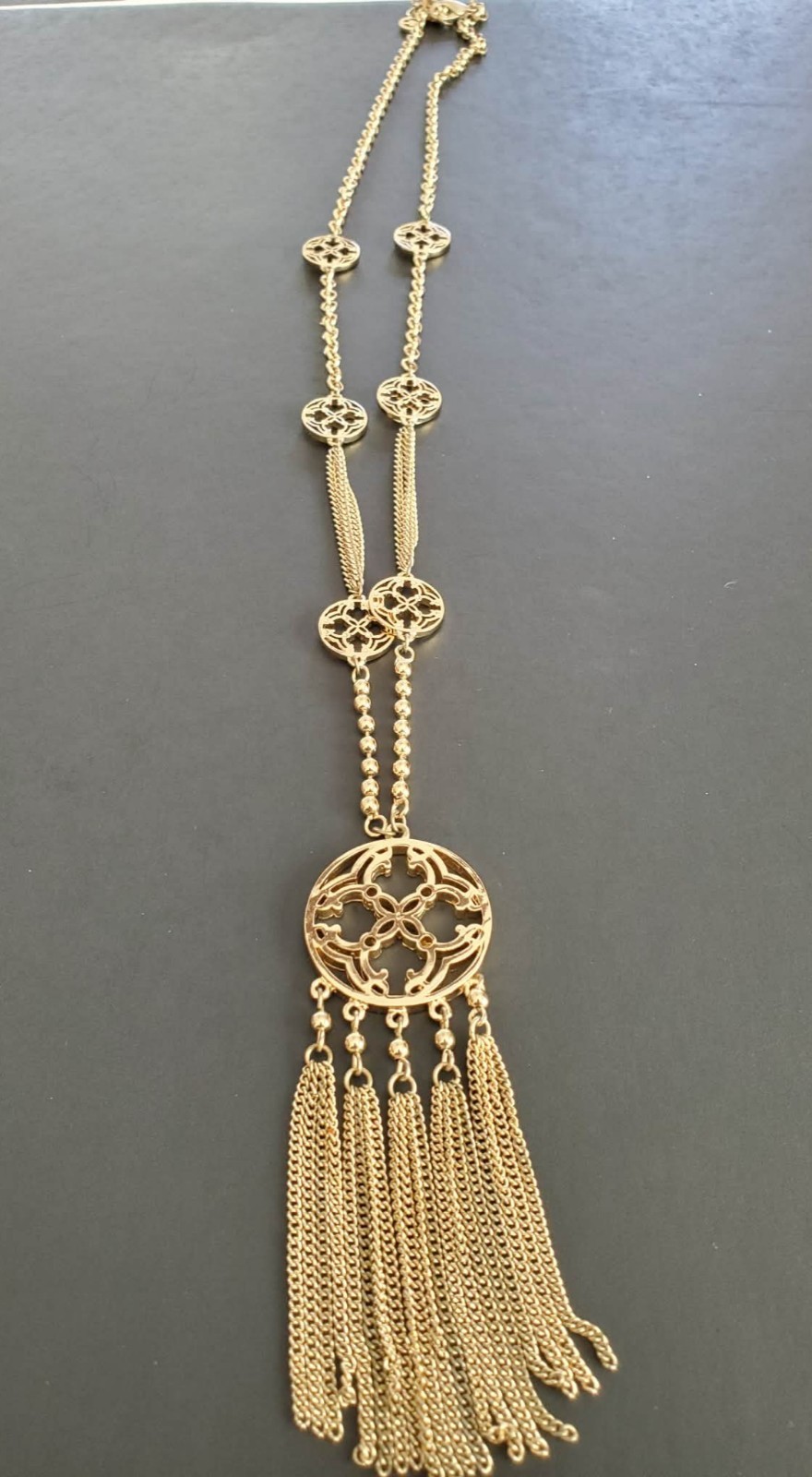 Gold Tone Tassel Pendant Boho Statement Filigree Chain Necklace Long 38”