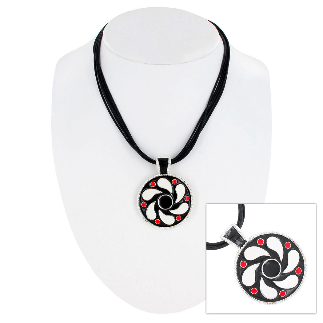 Multi-Strand Black Red White Flower Enamel Silver Pendant Cord Necklace 16-19″