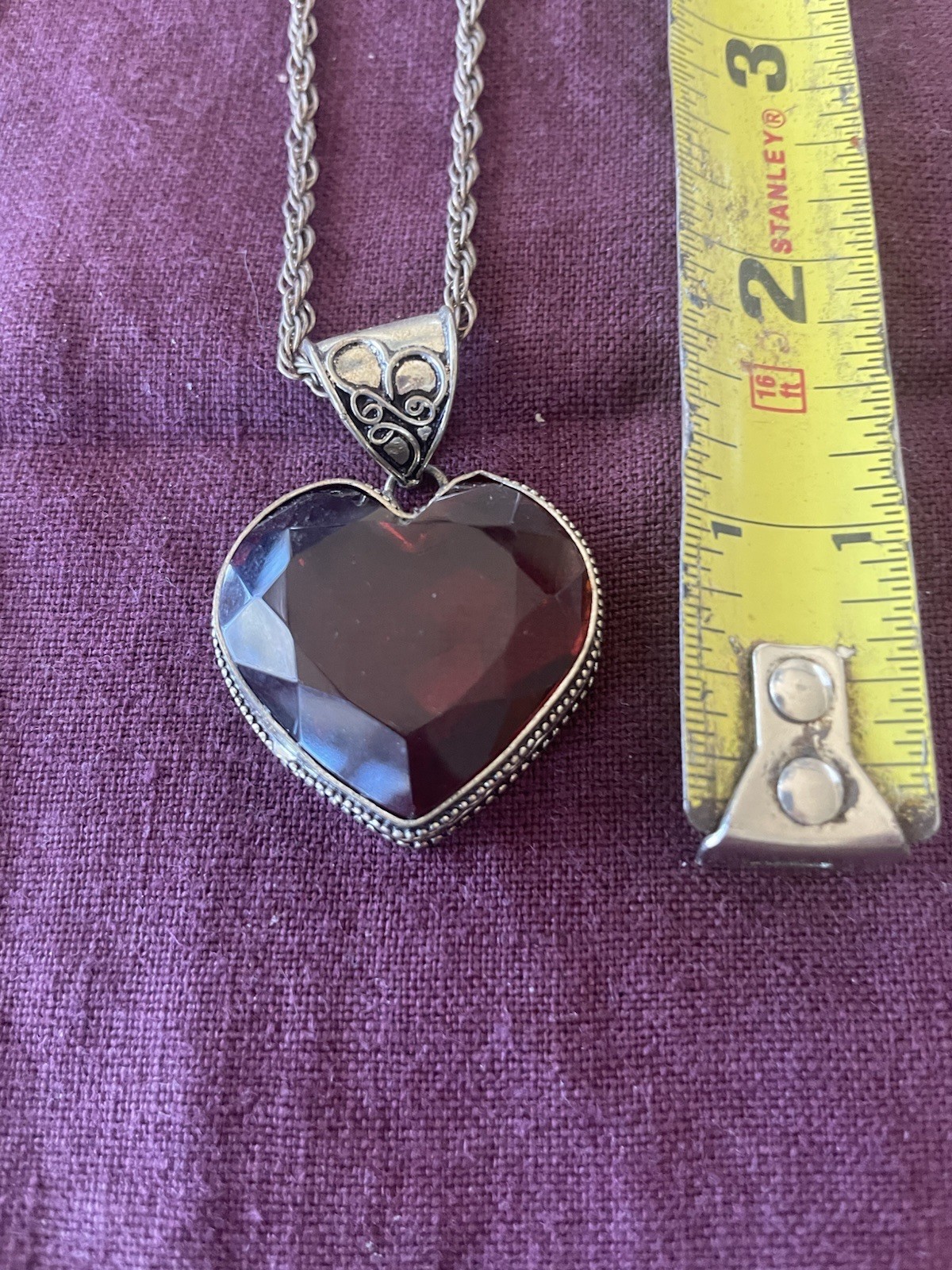 Estate Milor Italian Silver Necklace With Large Red Glass Heart Pendant