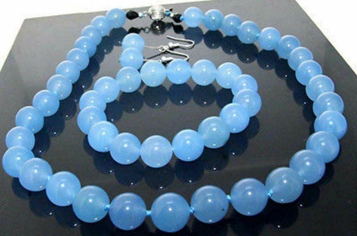 Natural Blue Jade Round Gemstone Beads Necklace 16-36″ Bracelet 7.5″ Earring Set